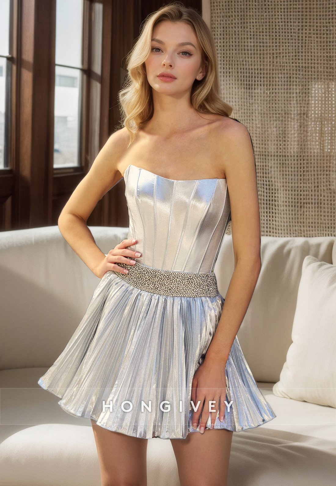 A-Line Bateau Sleeveless Empire Beaded Party Evening Homecoming Dress