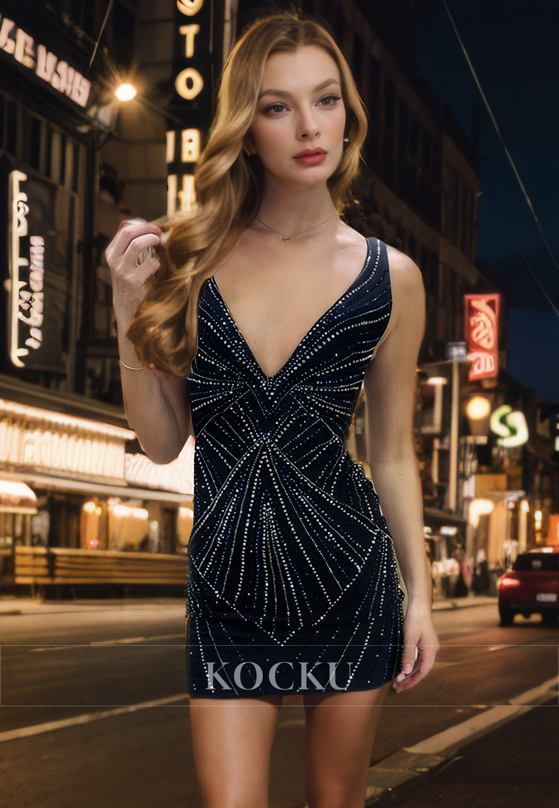 Sexy & Hot Straps V-Neck Beaded A-Line Sheath Party Homecoming Dress