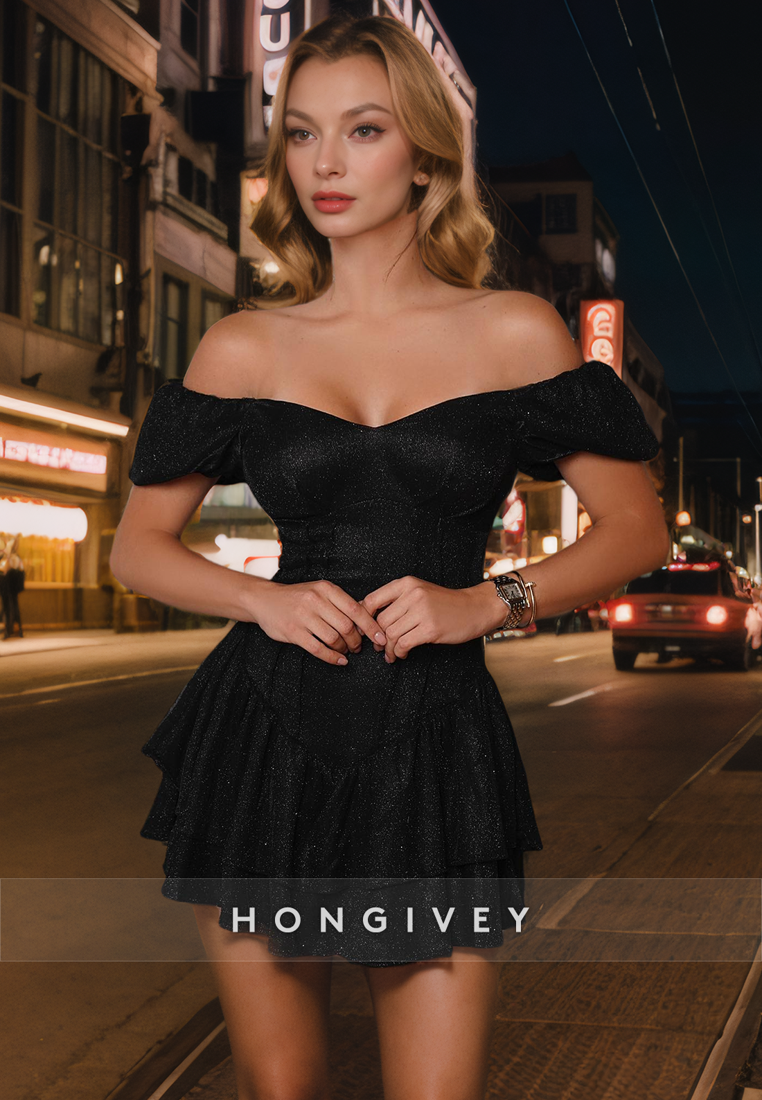 Sparkly A-Line Off-Shoulder Empire Short Homecoming Dress