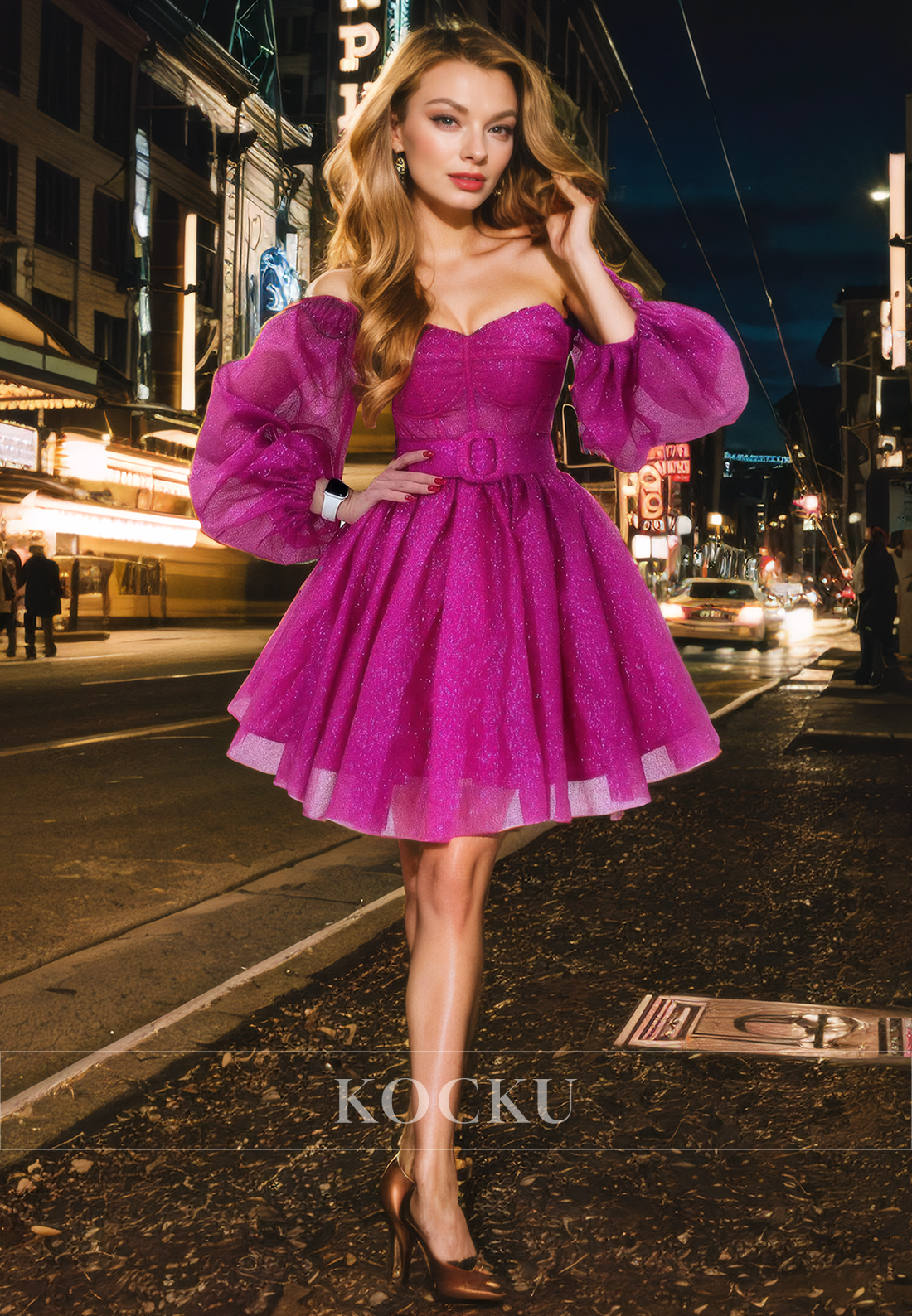 Gorgeous & Charming Off-Shoulder Long sleeves A-Line Tulle Party Homecoming Dress With Belt