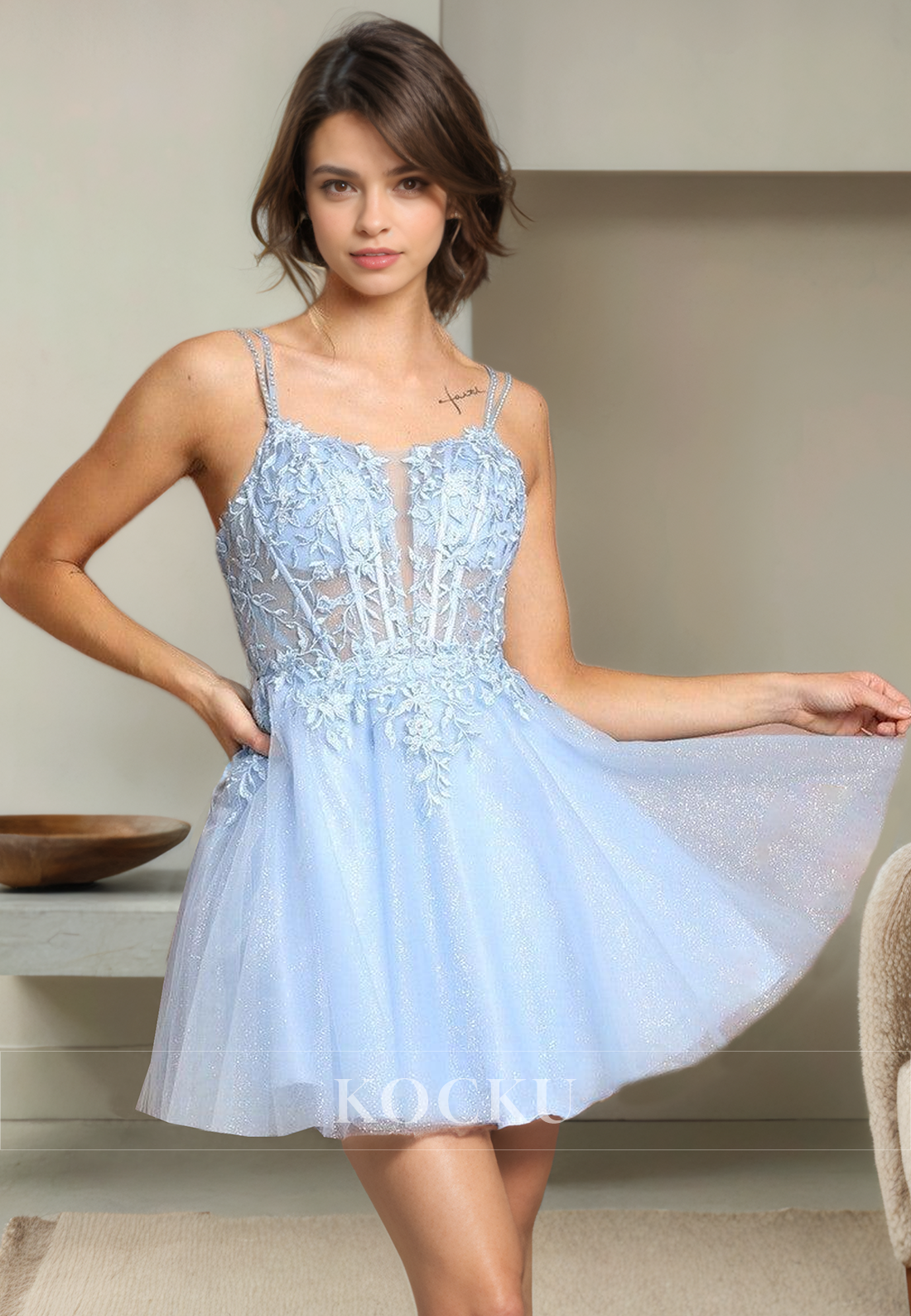 Couture & Ornate Spaghetti Straps A-Line Appliques Party Homecoming Dress