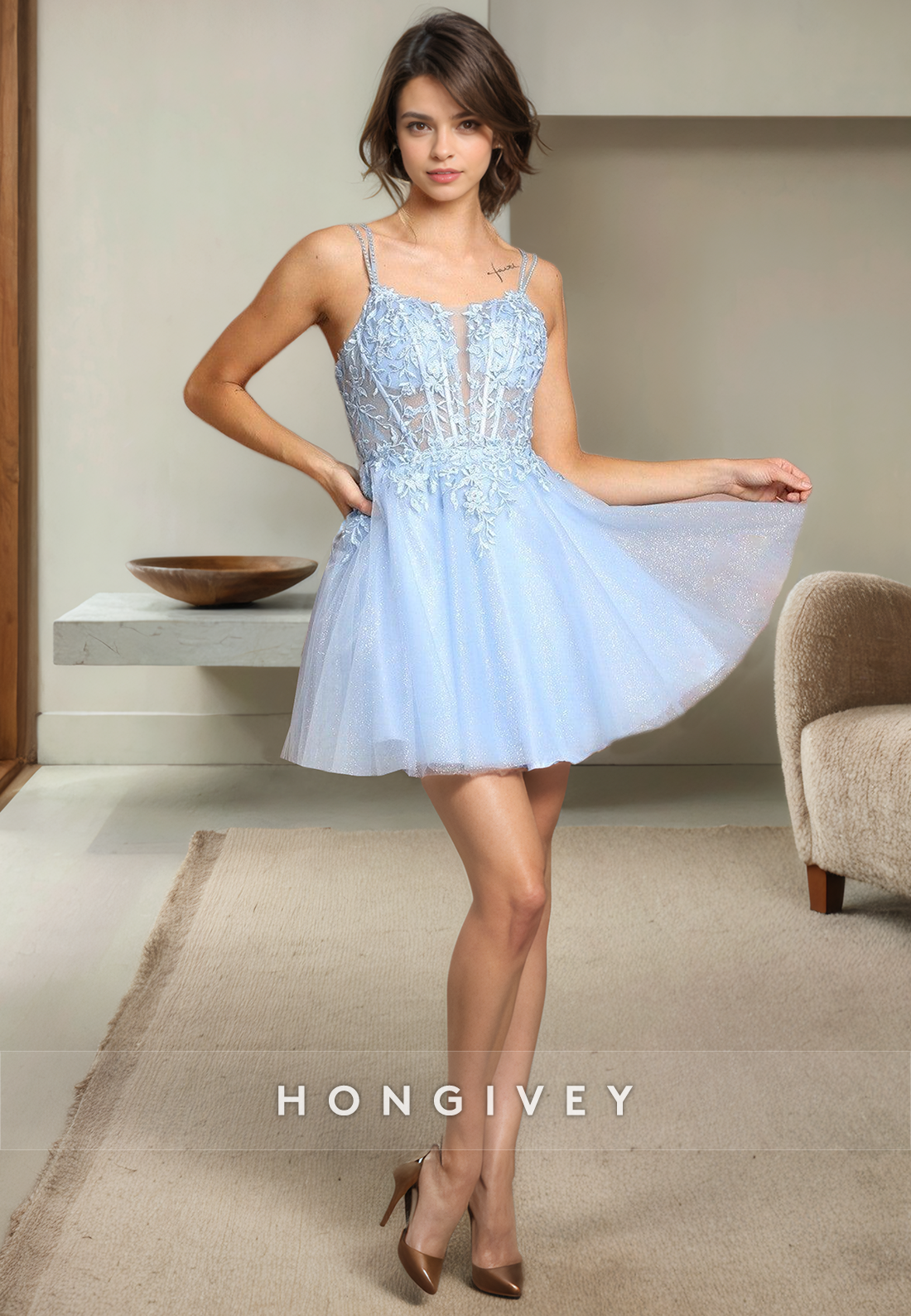 A-Line Spaghetti Straps Sweetheart Lace Applique Illusion Empire Short Homecoming Dress