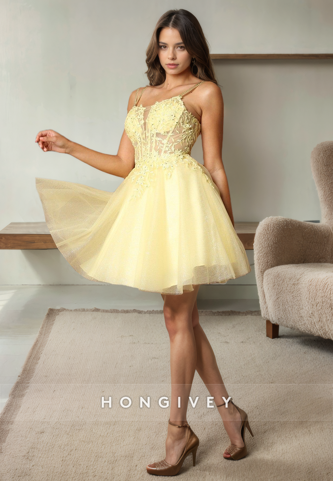 A-Line Spaghetti Straps Sweetheart Lace Applique Illusion Empire Short Homecoming Dress