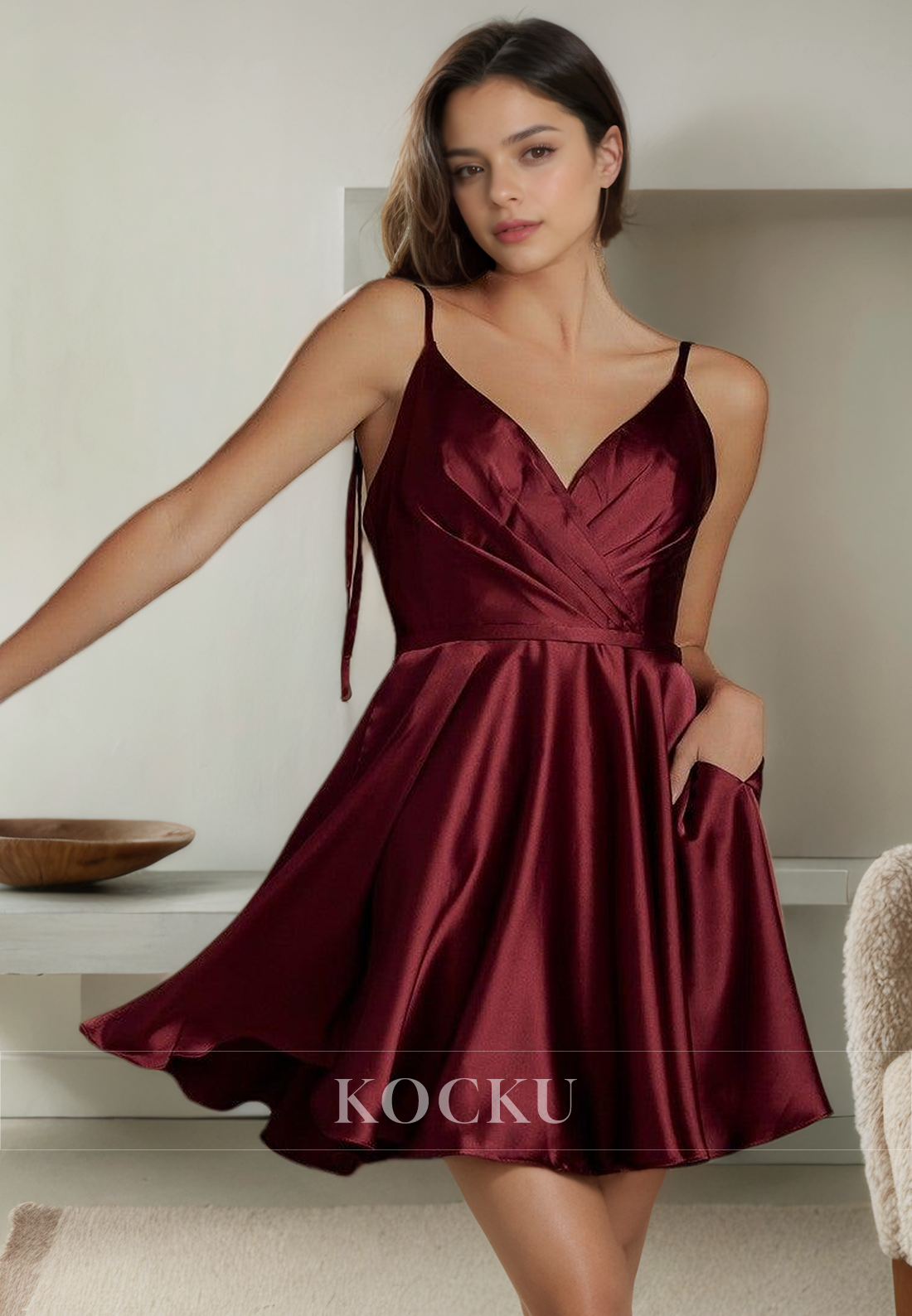 Elegant & Simple Spaghetti Straps A-Line Backless Satin Party Homecoming Dress