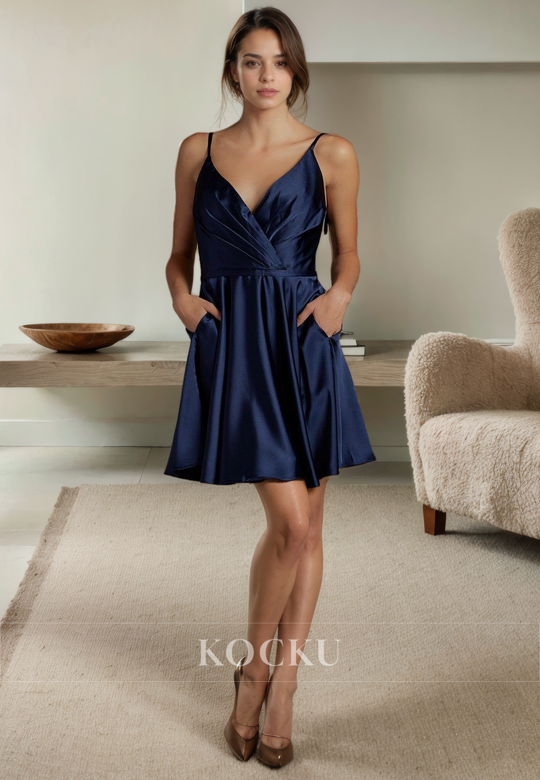 Elegant & Simple Spaghetti Straps A-Line Backless Satin Party Homecoming Dress