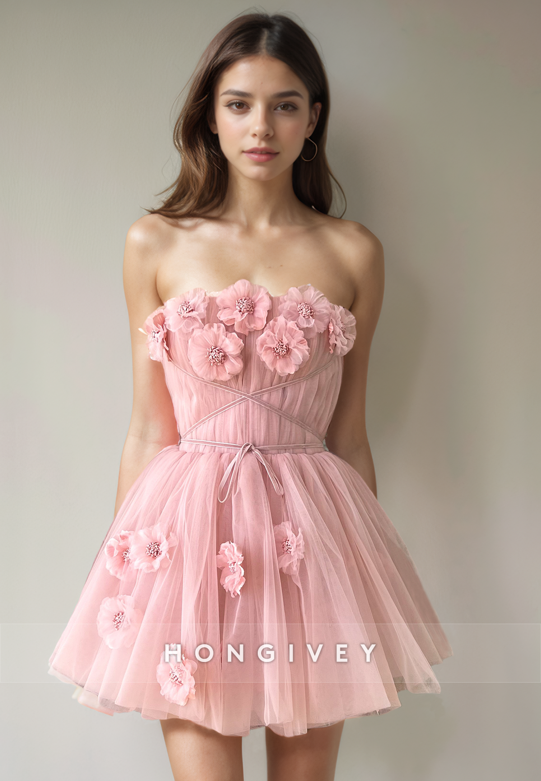 Sweet Tulle A-Line Strapless Floral Embossed Short Party Homecoming Dress