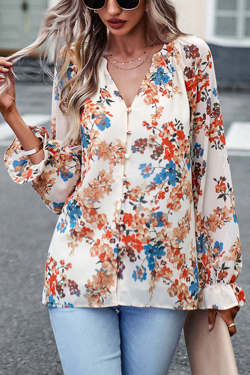 V-neck Floral Chiffon Shirt