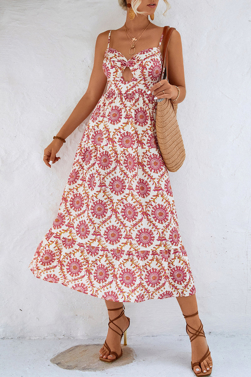 Floral Printed Strap Cutout Midi Dress