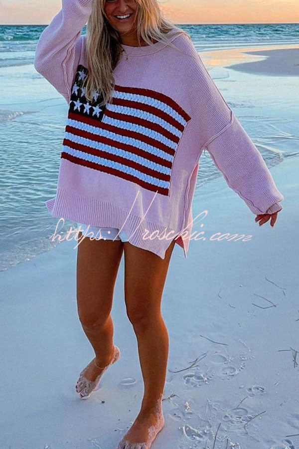 Independence Day Patchwork Long Sleeved Crew Neck Knitted Sweater