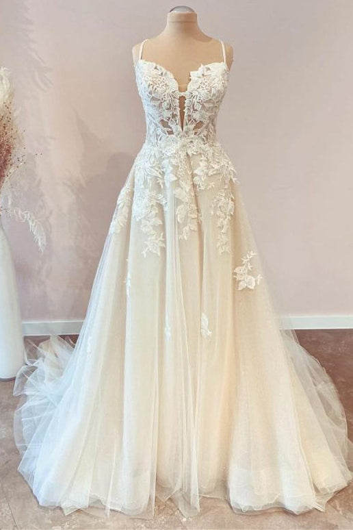 A-Line Spaghetti-Straps Bridal Gown With Lace Appliques and Tulle