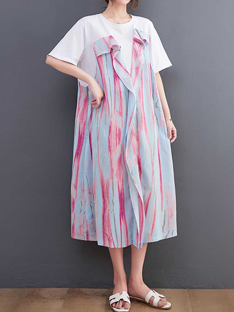 Cotton Tie-Dye Print Short Sleeves Midi Dress - Fashionpara