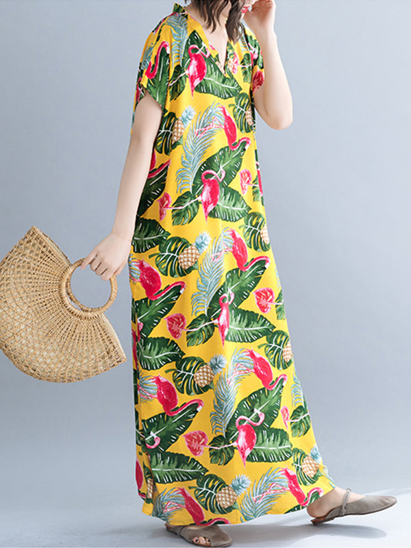 Palm Leaves & Flamingo Plus Size Kaftan Dress - Fashionpara