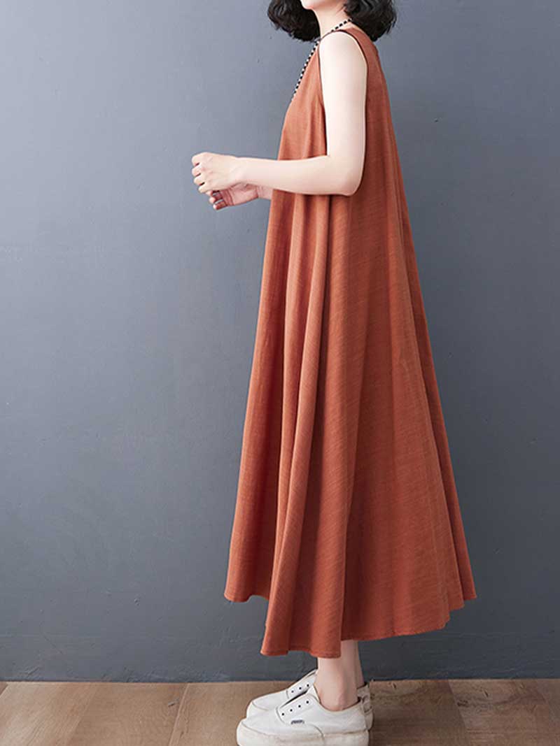 Plain Cotton Round Neck Sleeveless Midi Dress - Fashionpara