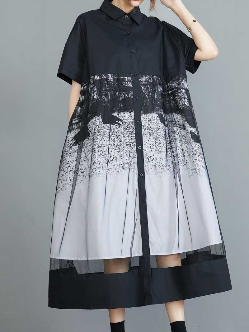 Cotton Retro Printed Black Color Short Sleeves A-Line Shirt Dress - Fashionpara