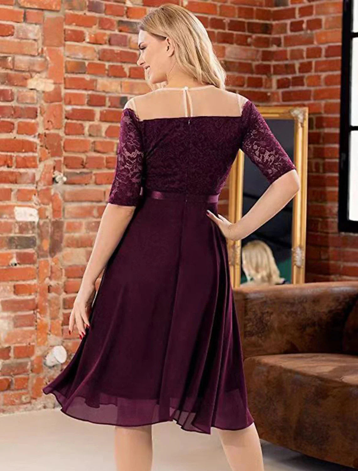 A-Line Cocktail Dresses Minimalist Dress Party Wear Knee Length Half Sleeve Jewel Neck Lace with Pleats