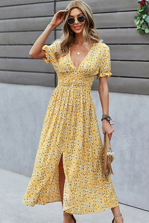 V Neck Smocked Chest Floral Print Maxi Dress