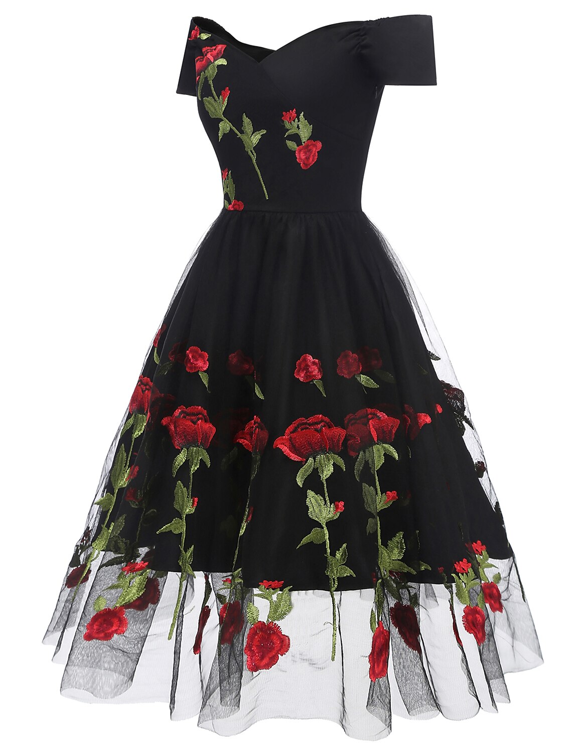 A-Line Cocktail Dresses Party Dress Holiday Knee Length Short Sleeve Off Shoulder Organza with Embroidery Appliques