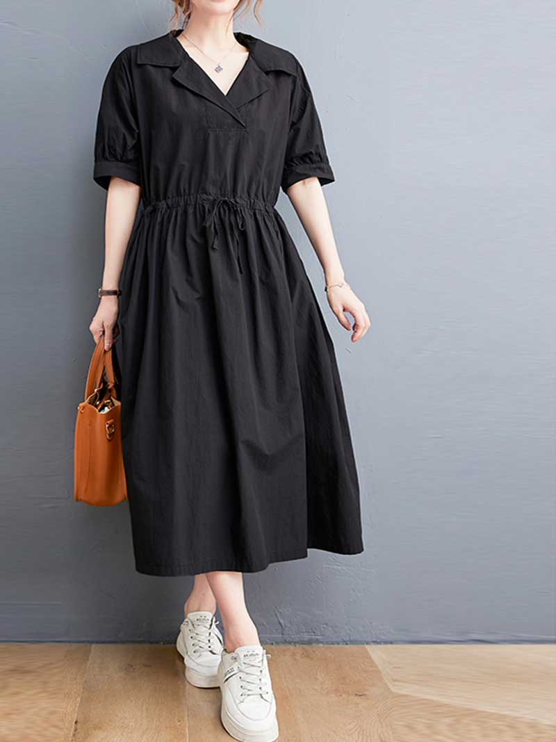 Plain Cotton Short Sleeve A-Line Dress - Fashionpara