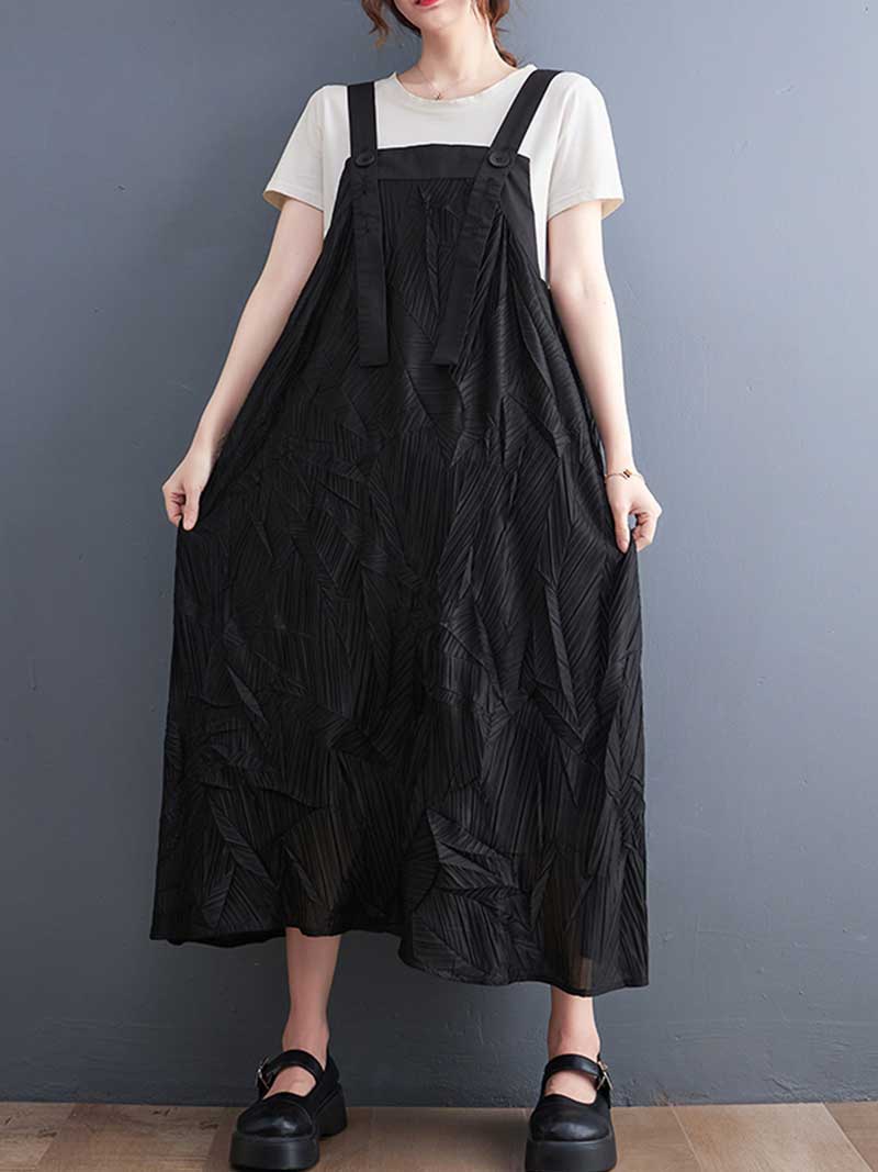 Pleated Cotton Black Color  Salopette Dress - Fashionpara