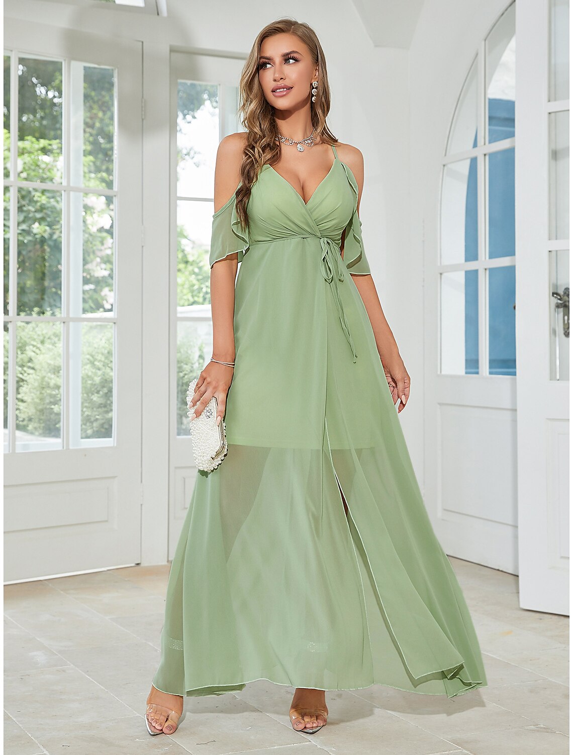 A-Line Wedding Guest Dresses Elegant Dress Party Wear Ankle Length Sleeveless V Neck Chiffon with Ruffles Slit Strappy