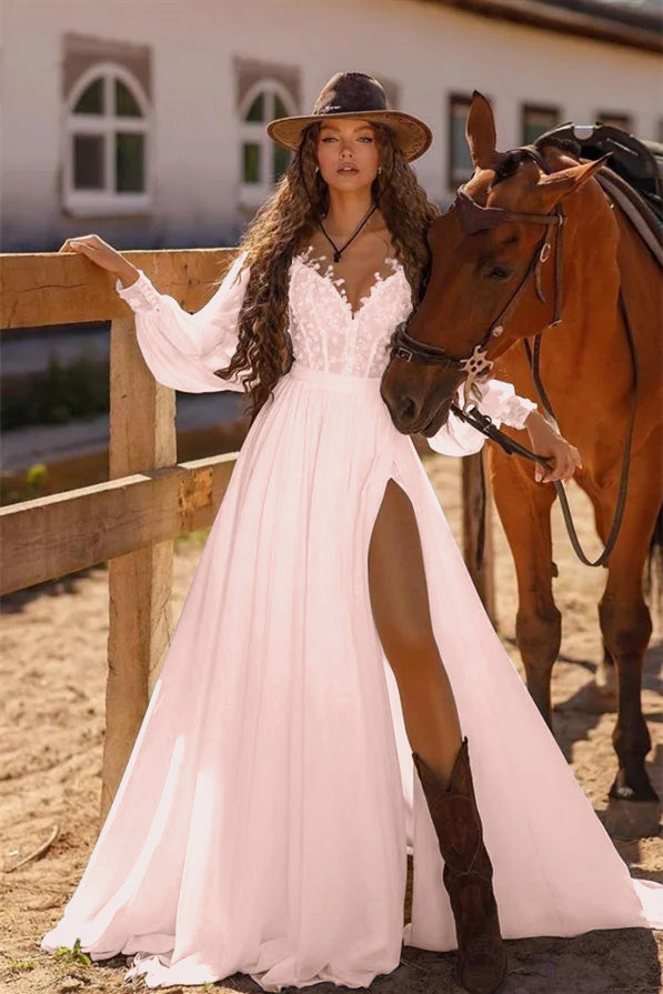 White Long Sleeve Bridal Gown with Lace and Split