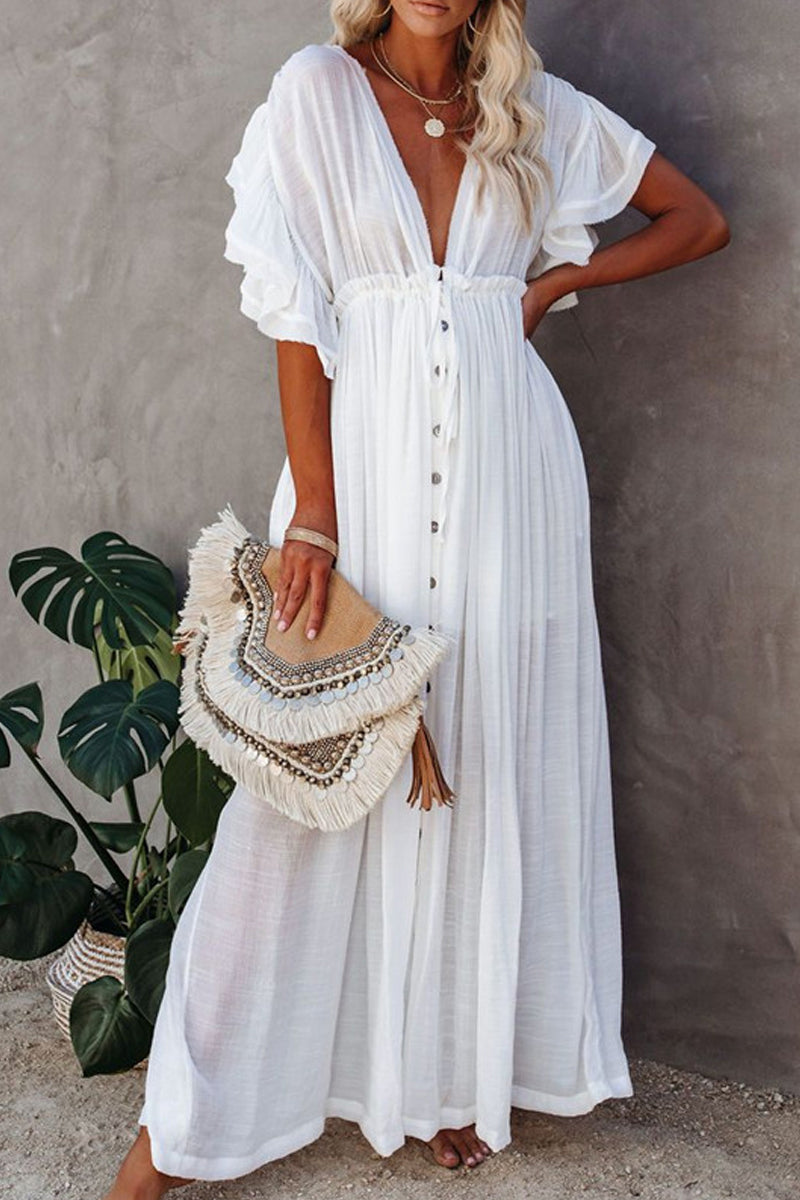 Bohemian Flowy Button-Up Open Front Maxi Cover Up