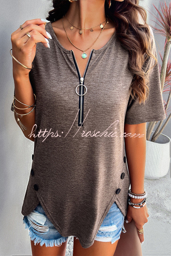 Plain Short Sleeved Zippered Slit Button T-Shirt