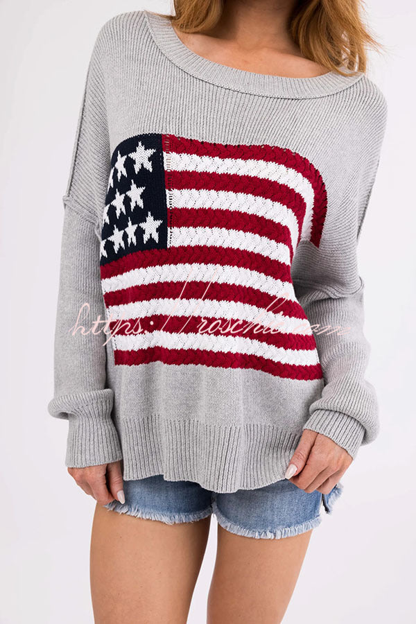 Independence Day Patchwork Long Sleeved Crew Neck Knitted Sweater