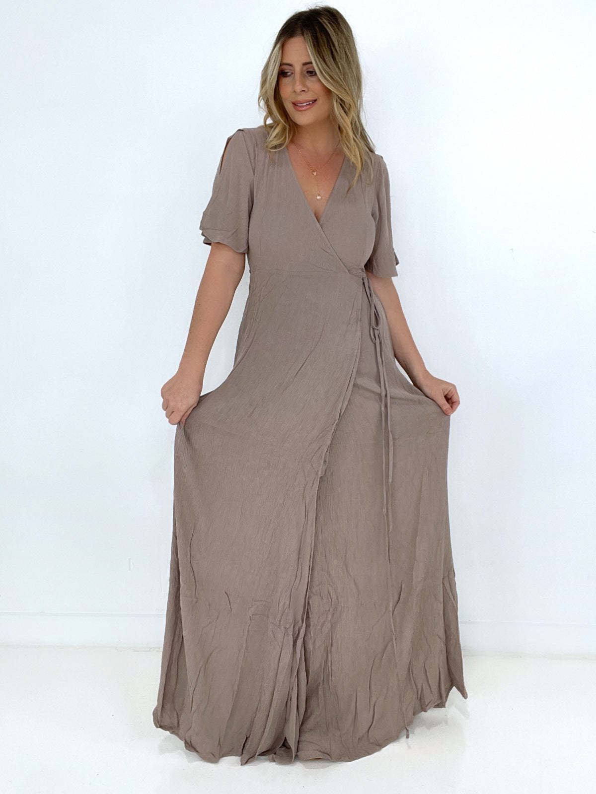 Zenana Woven Crinkle Gauze Wrap Tie Side Maxi Dress - Fashionpara