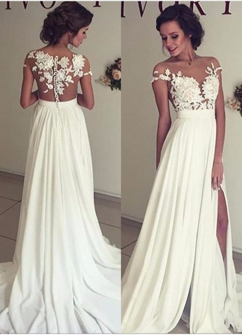 A-Line Chiffon Bridal Gown With Lace Ruffles Side Slit and Appliques