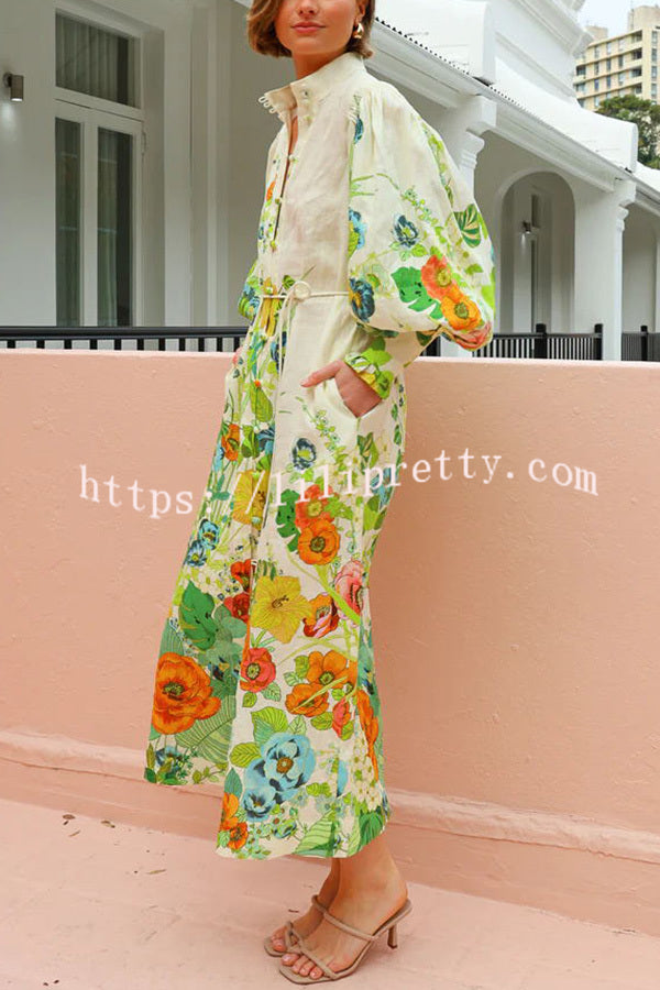 Summer Party Floral Print Balloon Sleeve Pocketed Belt Shirt Midi Dress - Fashionpara