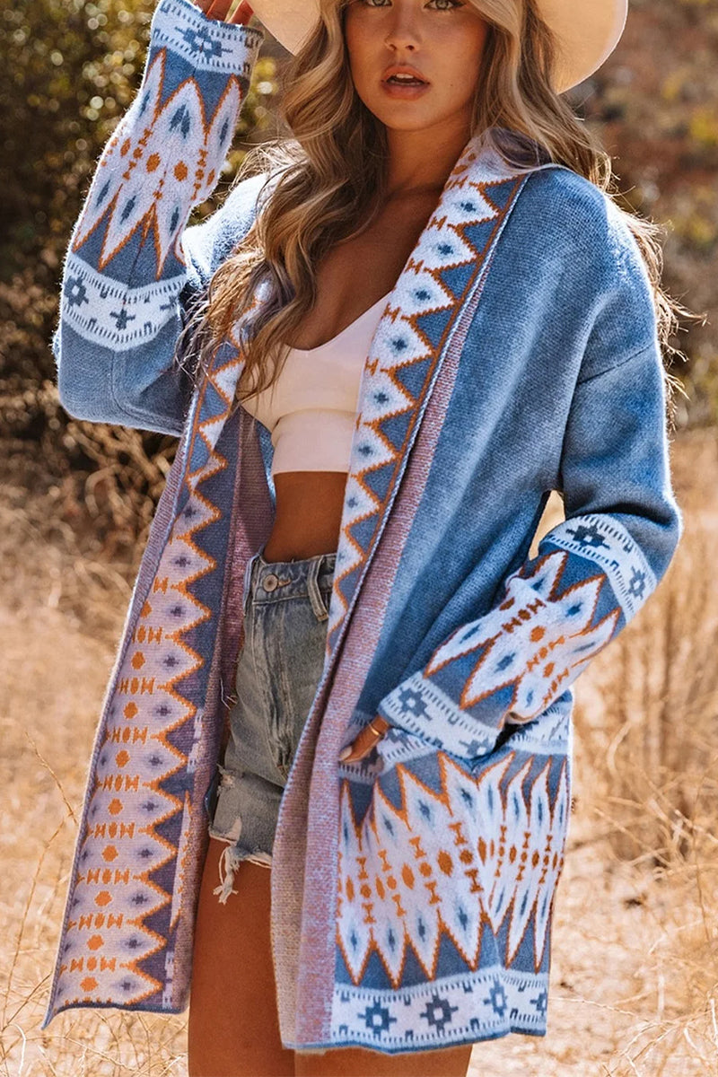 Blue Aztec Print Open Front Knitted Cardigan