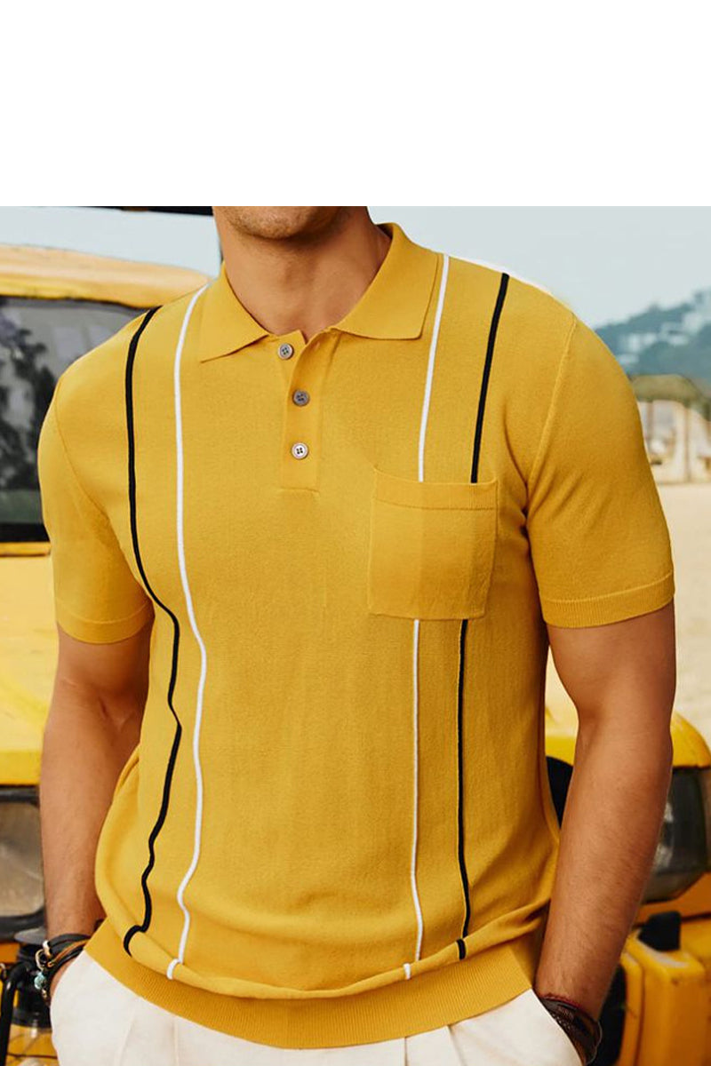 Men's Summer Striped Pocket Knit Short Sleeve Polo Shirt