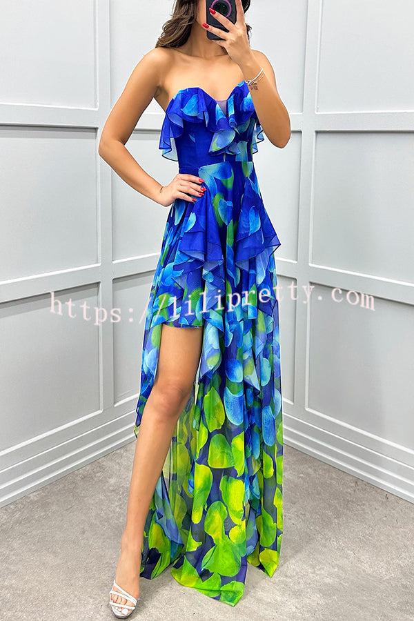 Loving Moment Gradient Unique Print Flowing Layered Ruffles Strapless Slit Maxi Dress - Fashionpara