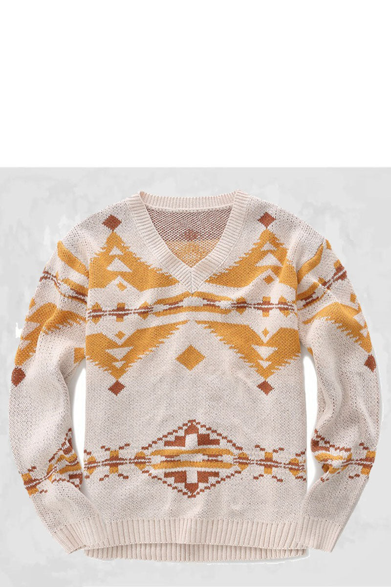 Uniqshe Men's Autumn/Winter V-Neck Long Sleeve Printed Knit Sweater