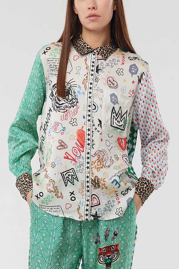 Unique Graffiti Print Patchwork Pocket Loose Shirt