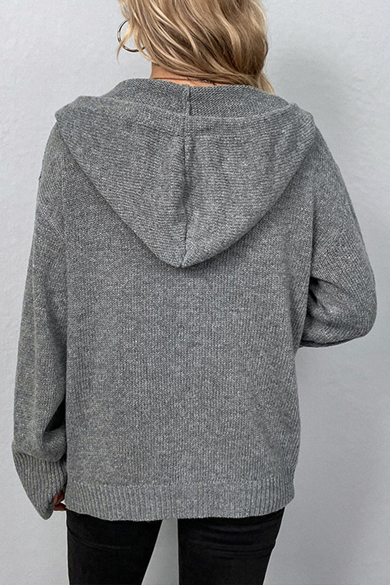 Hooded Single-breasted Drawstring Knit Cardigan Sweater