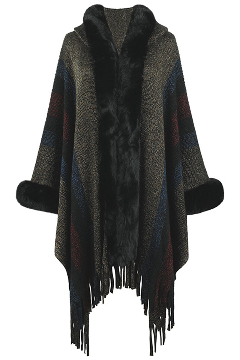 Hooded Multicolor Striped Fur Collar Fringed Knit Shawl Sweater