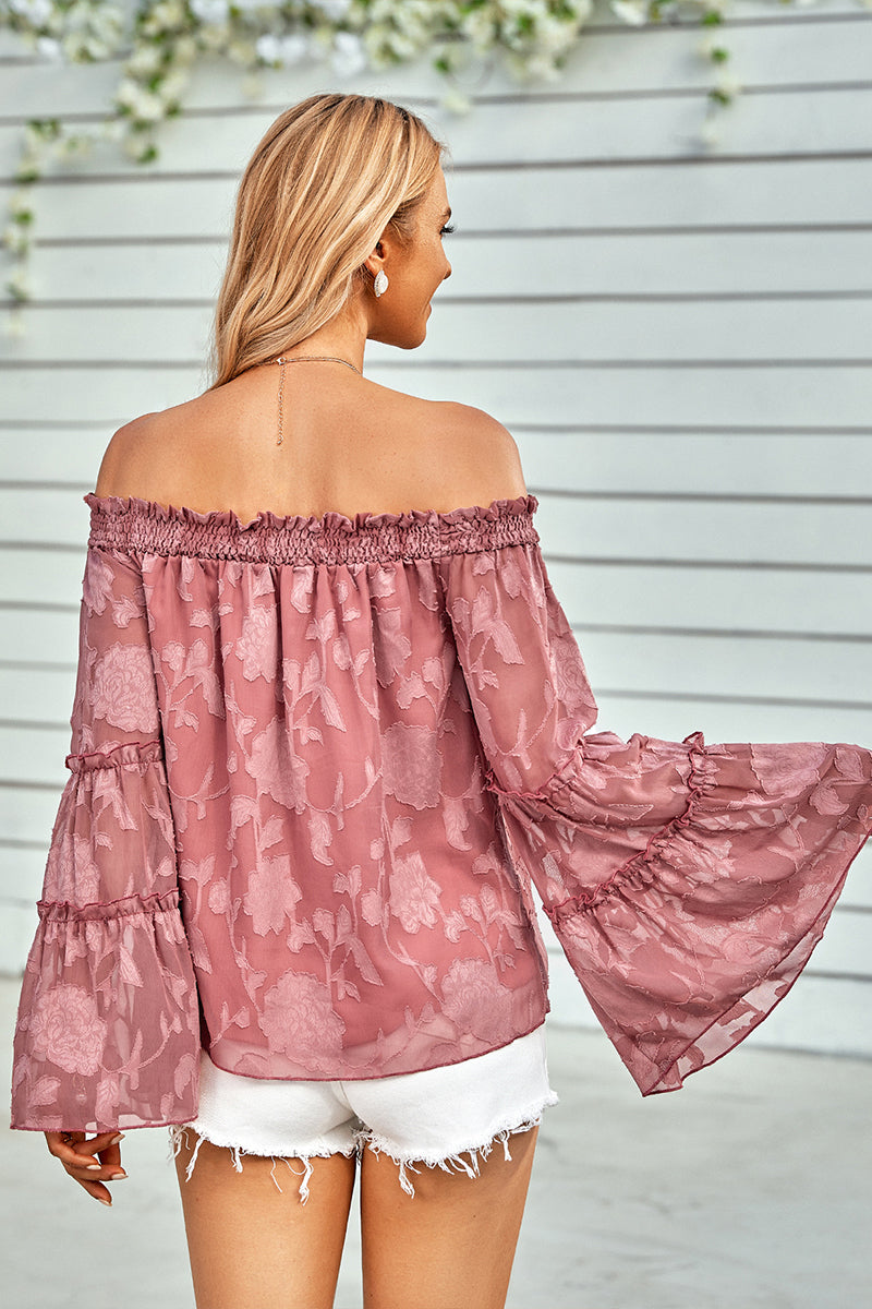 Off Shoulder Neck Long Sleeve Chiffon Top