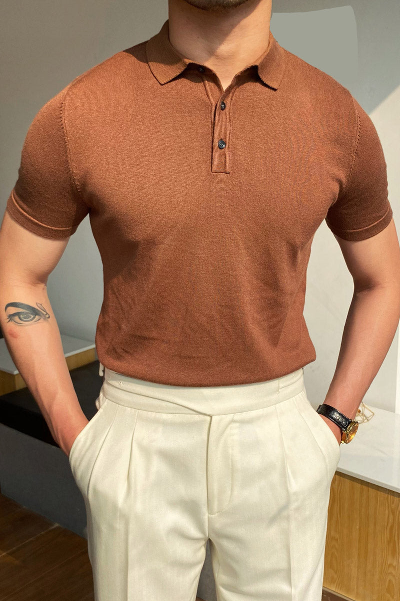 Fashion Contrast Colors Short Sleeve Knit Polo Shirt