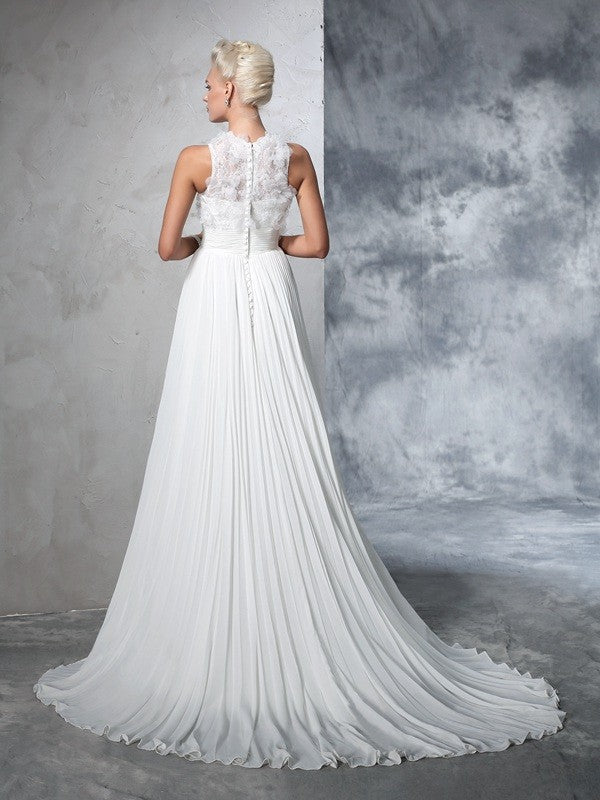 A-Line/Princess High Neck Pleats Sleeveless Long Chiffon Wedding Dresses