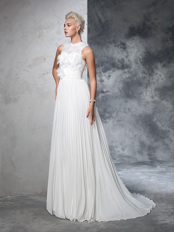 A-Line/Princess High Neck Pleats Sleeveless Long Chiffon Wedding Dresses