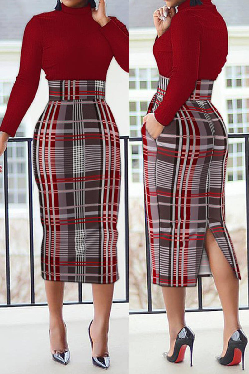 Casual Print Patchwork Slit Turtleneck Long Sleeve Dresses