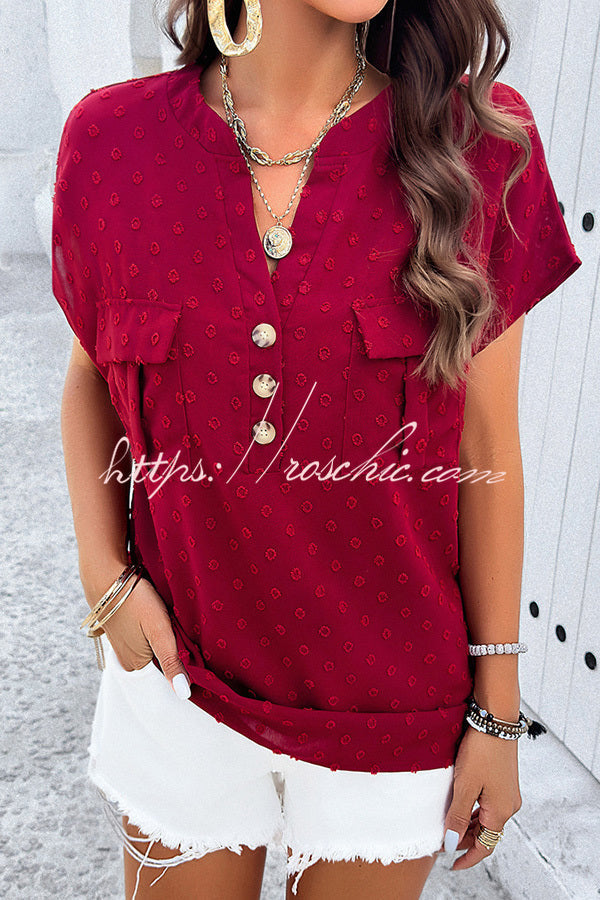 Simple Embroidered V Neck Pocket Button Down Short Sleeved Shirt