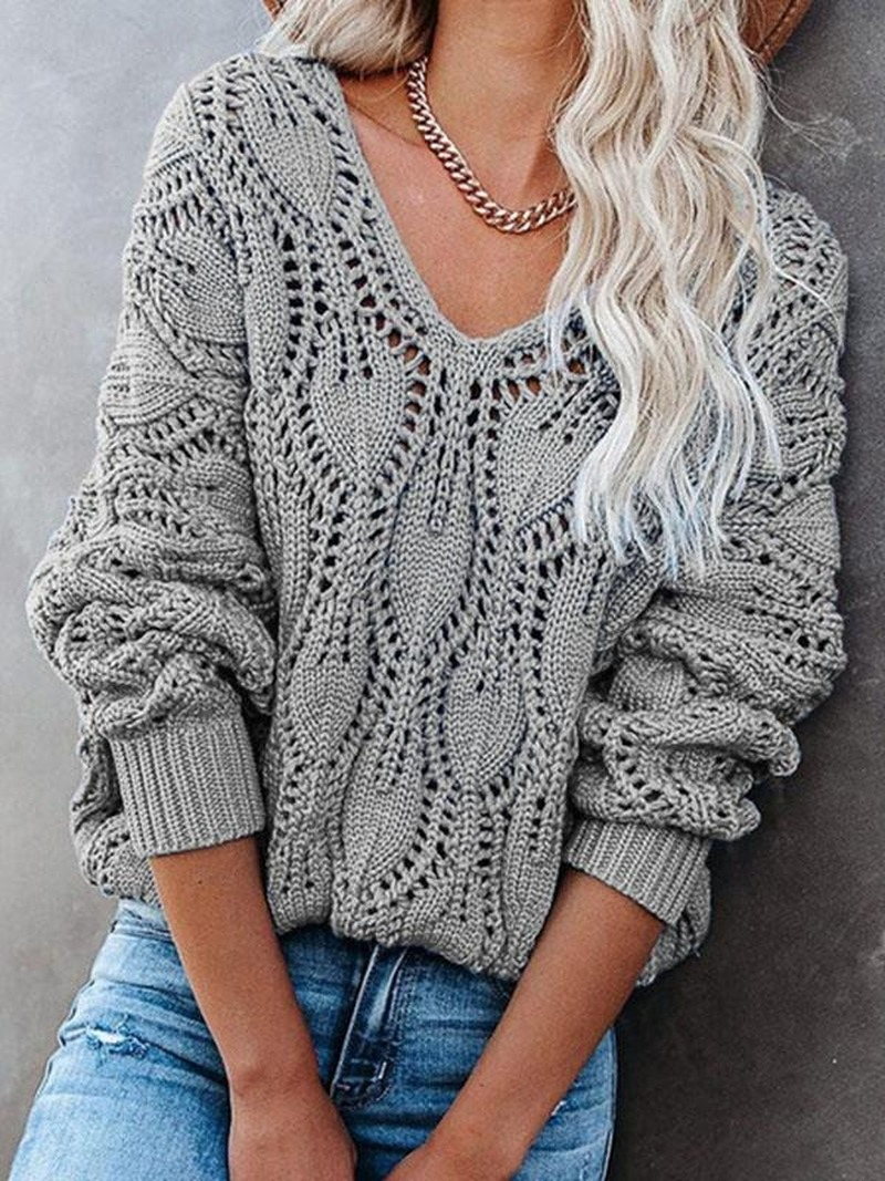 Hollow Out V-Neck Crochet Chunky Knit Sweater