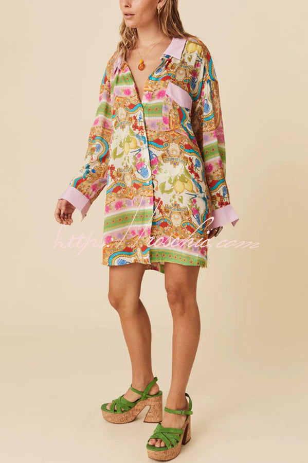 Oceans of Love Unique Print Patchwork Pocketed Loose Flow Shirt