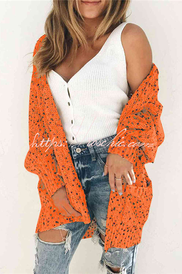 Aminga Colorful Spotted Pocket Crochet Long Sleeved Cardigan