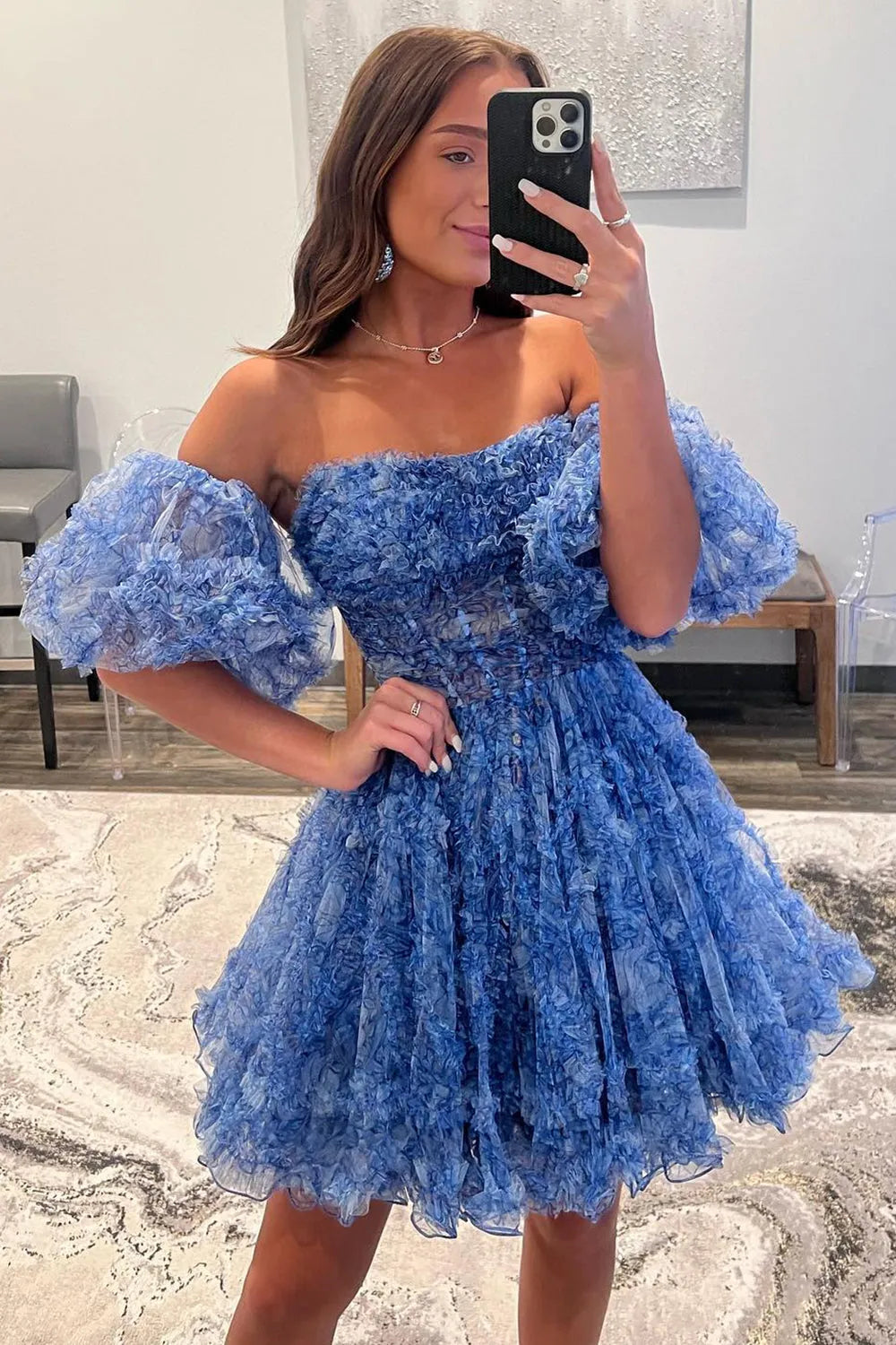 Blue Puff-Sleeved Ruffled A-Line Printed Homecoming Dress