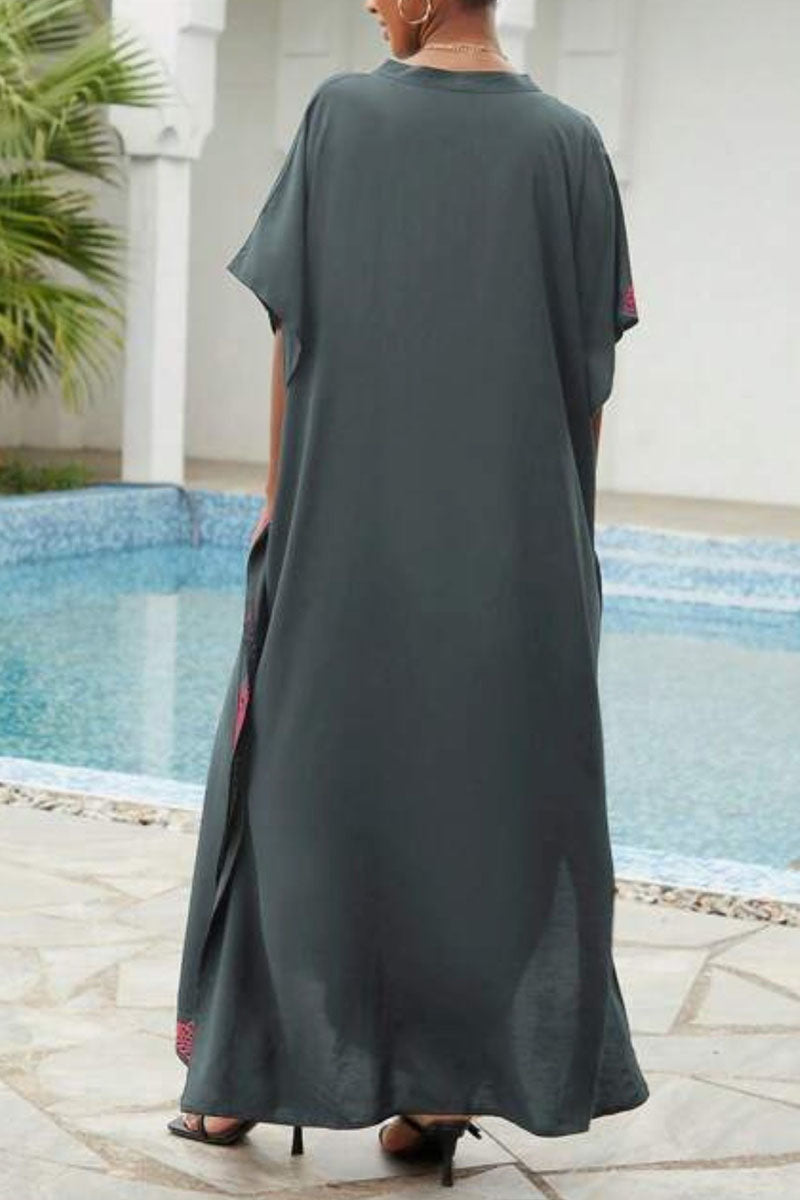 Beach Vacation Embroidered Stand Collar Cover Up Dress