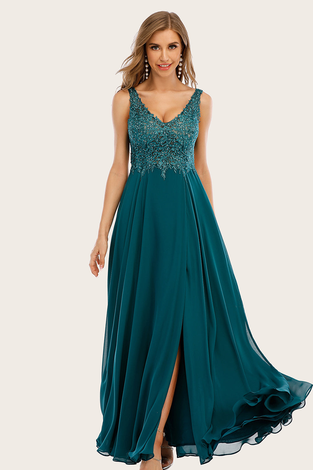 Turquoise Chiffon Long Prom Dress with Beading